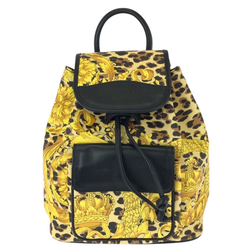 VERSACE Vintage Baroque Pattern Yellow Black Gold Hardware Leather Backpack f...